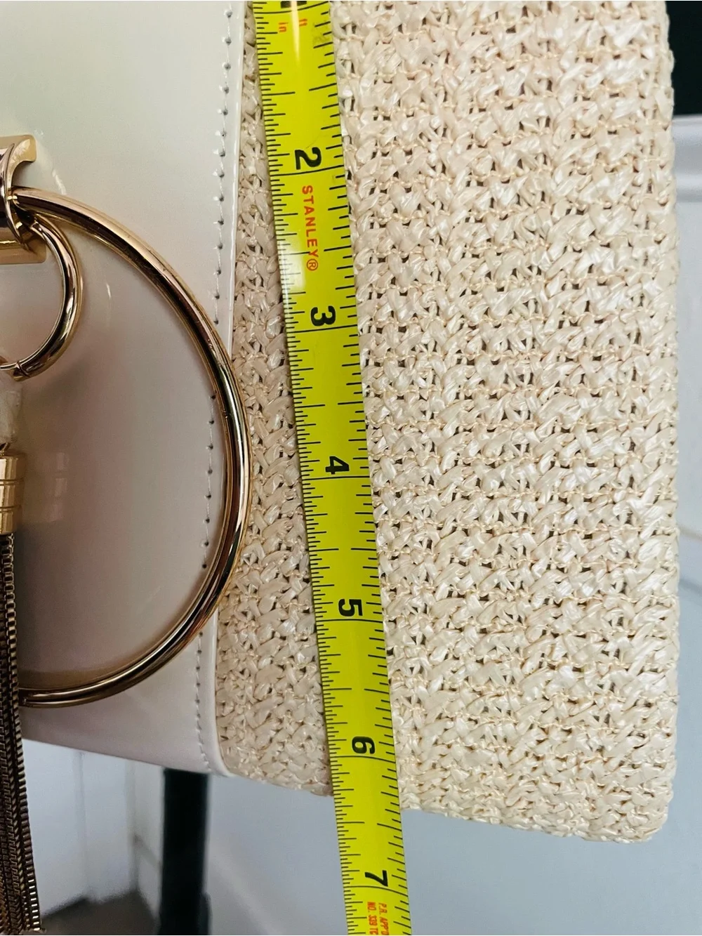 Neutral Straw Crossbody Bag with Gold Ring & Tassel